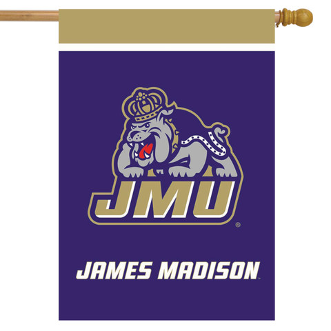 Briarwood Lane official NCAA James Madison University house flag, purple with gold and white details.
