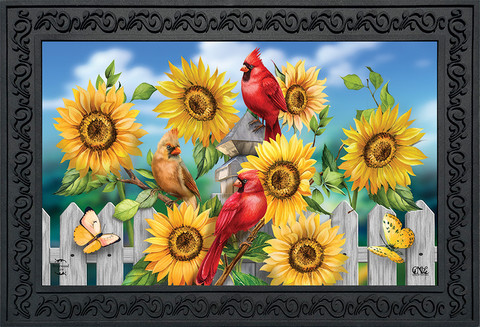 Briarwood Lane Cardinals And Sunflowers Summer Doormat with picket fence, birds, and butterflies design.