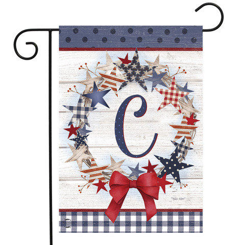 Briarwood Lane American Wreath Monogram C garden flag, patriotic red, white, blue decorative stitched design.