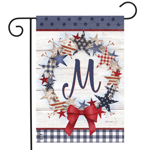 Briarwood Lane small American Wreath Monogram M garden flag with colorful, monogrammed, patriotic stars.