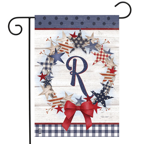 Briarwood Lane American Wreath Monogram R small garden flag with red, white, and blue stars.