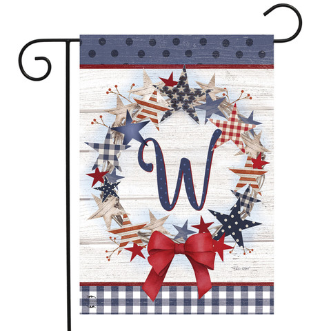 Briarwood Lane American Wreath Monogram W Garden Flag with red bow and patriotic stars and stripes.