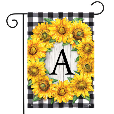 Briarwood Lane Sunflowers Monogram A Garden Flag, colorful floral decorative yard display with cheery sunflowers.