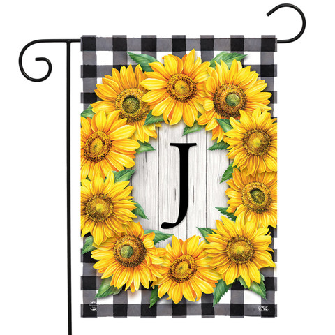 Briarwood Lane Sunflowers Monogram J garden flag with bright yellow flowers on black and white background.