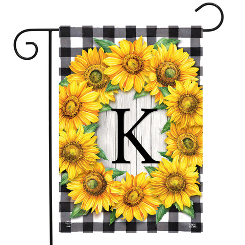 Briarwood Lane Sunflowers Monogram K garden flag, colorful floral wreath on black and white checkered background.