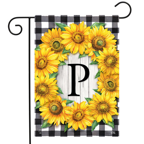 Briarwood Lane Sunflowers Monogram P Garden Flag, colorful floral decorative flag with bright sunflowers and monogram.