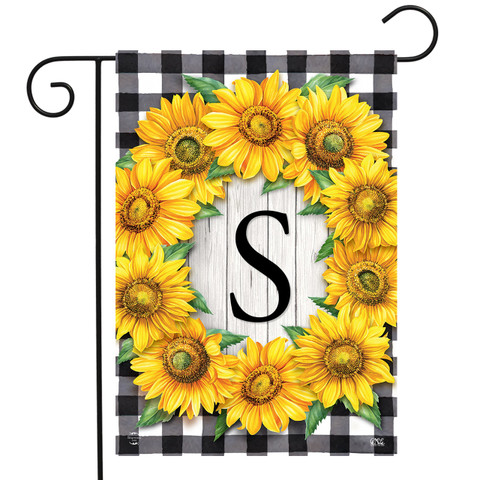 Briarwood Lane small monogrammed garden flag with bright sunflowers and colorful spring design on porch display.