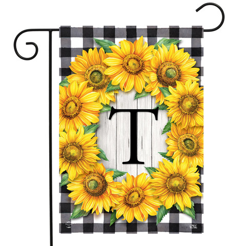 Briarwood Lane Sunflowers Monogram T Garden Flag with colorful floral print on black and white background.
