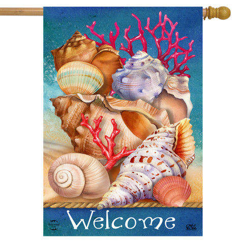 Briarwood Lane seashell welcome flag with colorful oceanic design for spring summer porch display.