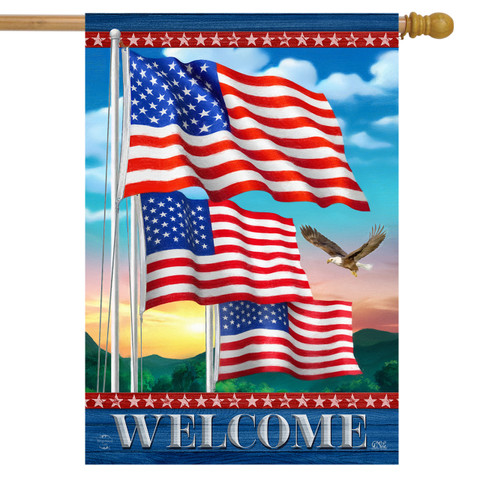 Briarwood Lane Waving American Flags Welcome House Flag with patriotic stars and stripes design.