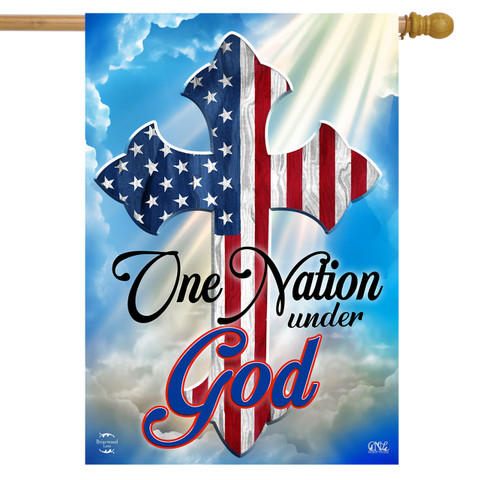 Briarwood Lane One Nation Under God Cross House Flag with American stars and stripes design.