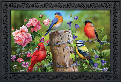 Briarwood Lane Fence Post Birds Spring Doormat with colorful cardinals, bluebirds, goldfinches, and floral roses.