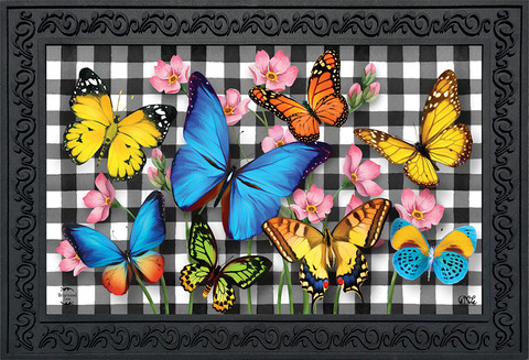 Briarwood Lane Checkered Butterflies Spring Doormat with colorful butterflies, flowers on plaid background, decorative border.