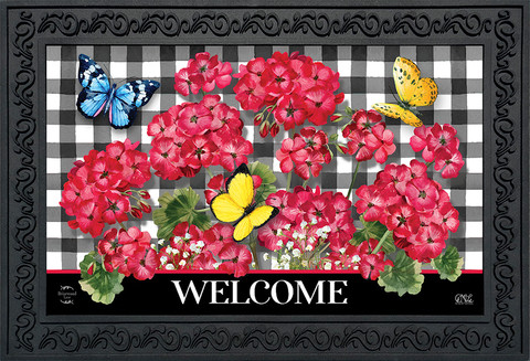 Briarwood Lane Checkered Geraniums Summer Doormat with colorful flowers, butterflies, and welcome message on black background.