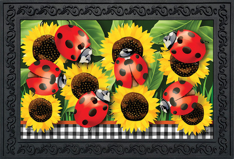 Briarwood Lane Ladybugs And Sunflowers Summer Doormat, colorful floral checkered design for indoor outdoor porch use.