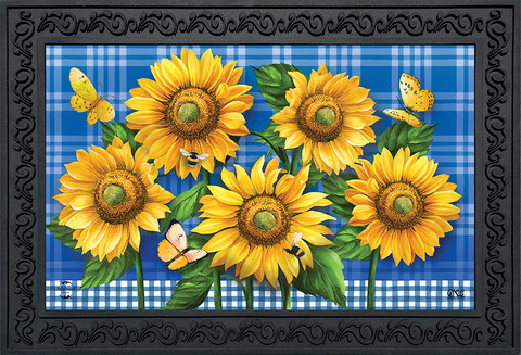 Briarwood Lane Blue Sunflowers Summer Doormat with butterflies and plaid background, colorful decorative indoor outdoor floormat.