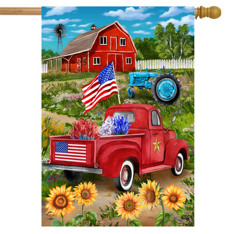 Briarwood Lane Land Of The Free Summer House Flag with patriotic truck and sunflowers.