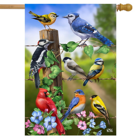 Briarwood Lane spring house flag with colorful birds, flowers, and blue jay on a tree post.