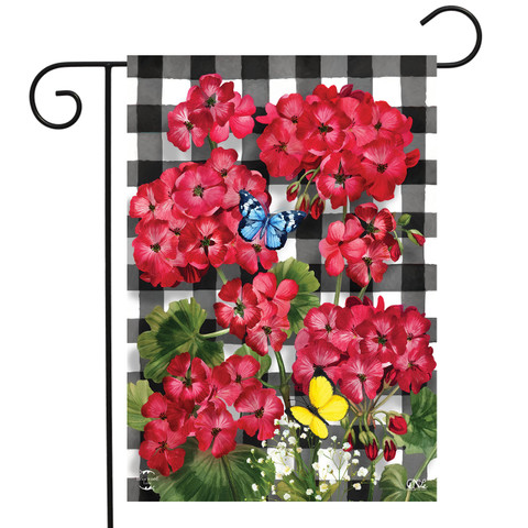 Briarwood Lane checkered garden flag with vibrant red flowers, butterflies, and colorful floral spring design.