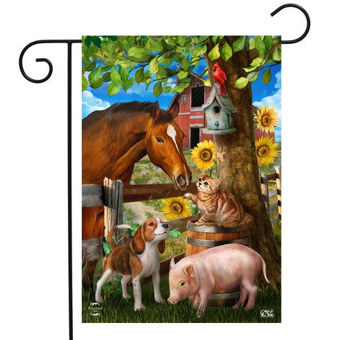 Briarwood Lane garden flag with farm animals, sunflowers, and barn on a colorful floral background.