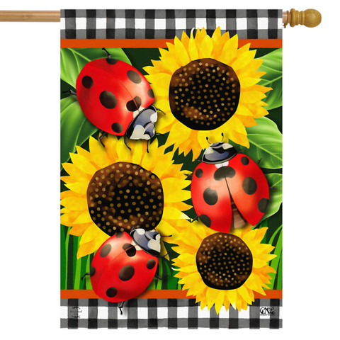 Briarwood Lane Ladybugs And Sunflowers house flag, floral, checkered decorative garden flag for spring summer porch.
