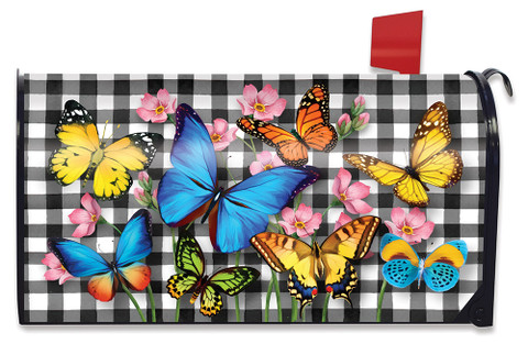 Briarwood Lane checkered mailbox cover with colorful butterflies and flowers for spring and summer decor.