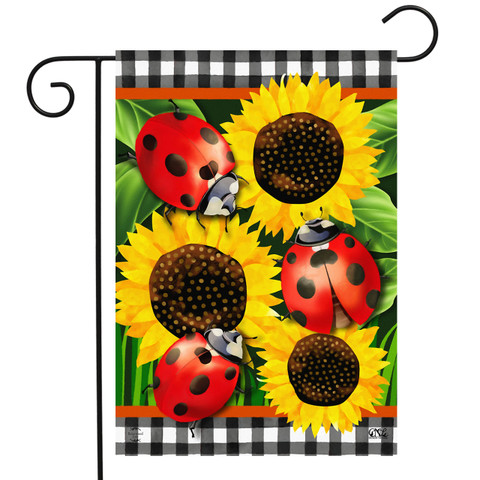 Briarwood Lane small garden flag with ladybugs, sunflowers on checkered background, colorful spring and summer decor.