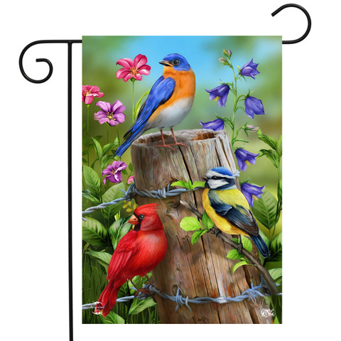 Briarwood Lane Fence Post Birds Spring Garden Flag with cardinals, bluebirds, goldfinches, and colorful flowers.