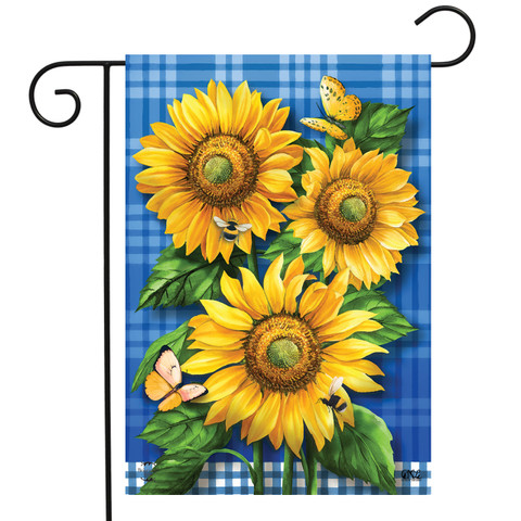 Briarwood Lane blue plaid garden flag with bright sunflowers, butterflies, and colorful springtime floral decor.