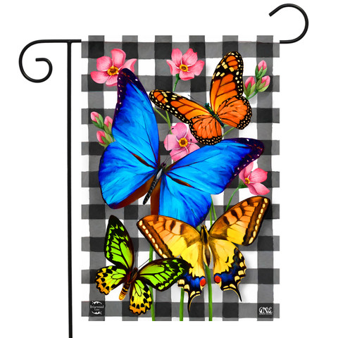 Briarwood Lane checkered garden flag with colorful butterflies, pink flowers on black and white plaid background.