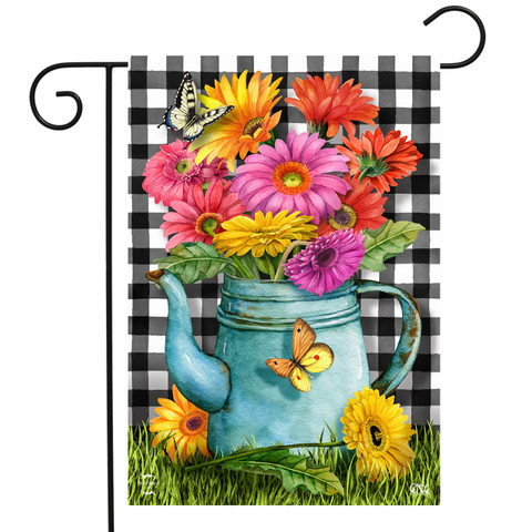 Briarwood Lane garden flag with colorful flowers, butterflies, and gingham background for spring and summer decor.