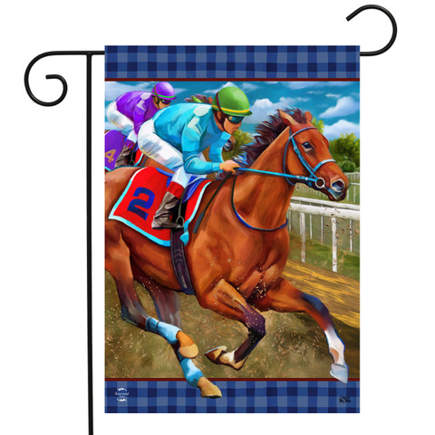 Briarwood Lane garden flag with jockey and horse on racetrack, colorful spring seasonal decorative display.