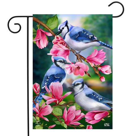 Briarwood Lane Blue Jay Trio garden flag with colorful birds and pink floral spring design.