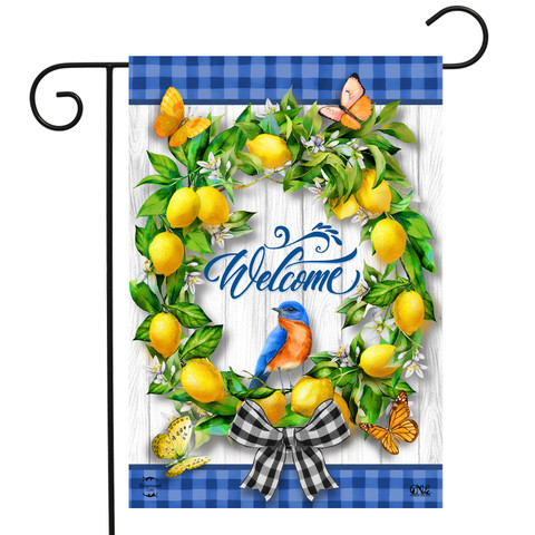 Briarwood Lane small printed garden flag with lemon wreath, butterflies, and welcome, plaid accents.