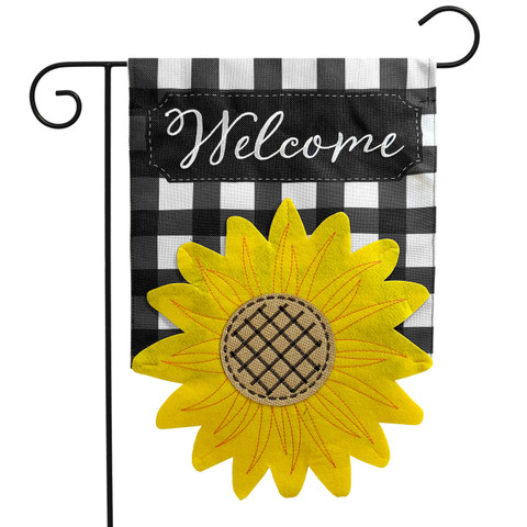 Briarwood Lane small, printed, decorative garden flag with cheery sunflower and "Welcome" on black and white background.