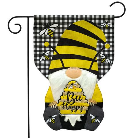 Briarwood Lane Bee Happy Gnome garden flag, colorful springtime decor for porch, yard, or patio display.