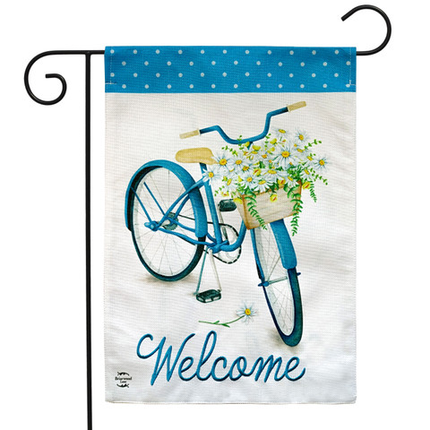 Briarwood Lane spring bike welcome garden flag with colorful, cheery bicycle and flowers design.
