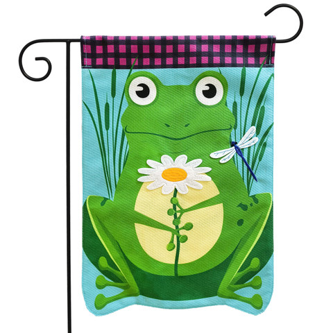 Briarwood Lane small printed garden flag with colorful frog, daisy, and dragonfly for spring summer porch decor.