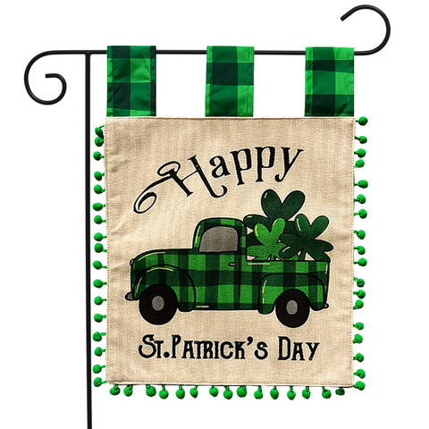 Briarwood Lane St. Patrick's Checkered Truck Burlap Garden Flag with green shamrock and gold accents.