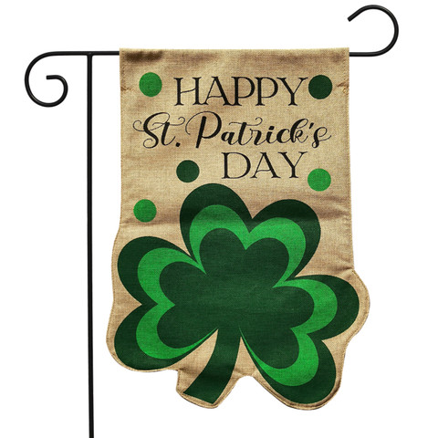 Briarwood Lane Happy St. Patrick's Day shamrock burlap garden flag with green four-leaf clover design.