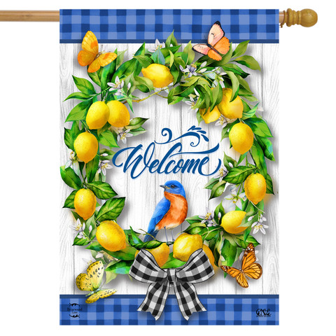 Briarwood Lane Lemon Wreath Spring House Flag with colorful butterflies and plaid accents welcomes spring.