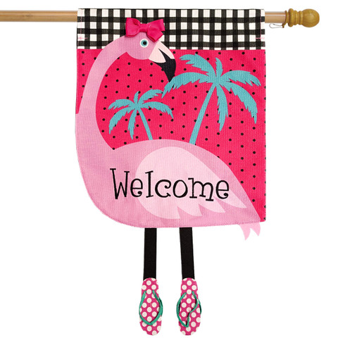 Briarwood Lane Fancy Flamingo summer burlap house flag, colorful pink flamingo with palm trees.