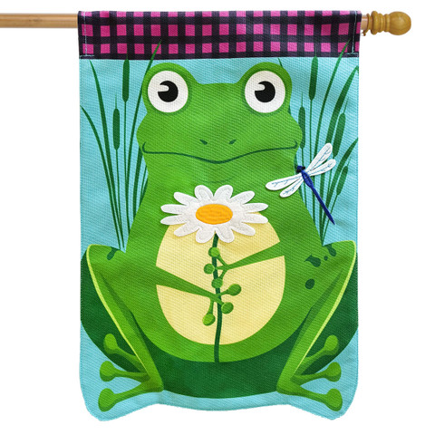 Briarwood Lane green frog house flag with daisy and dragonfly, colorful summer seasonal decorative yard display.