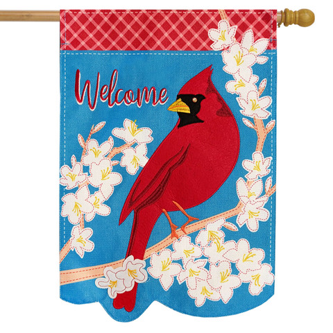 Briarwood Lane Spring Cardinal Welcome Burlap House Flag with colorful floral design and red bird.