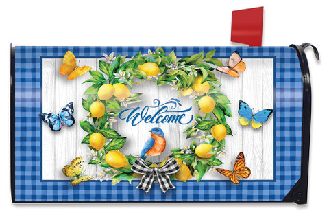 Briarwood Lane Lemon Wreath Spring Mailbox Cover with colorful butterflies and plaid border welcomes springtime.