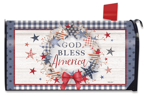 Briarwood Lane American Wreath Rustic Mailbox Cover with red, white, and blue plaid and stars.