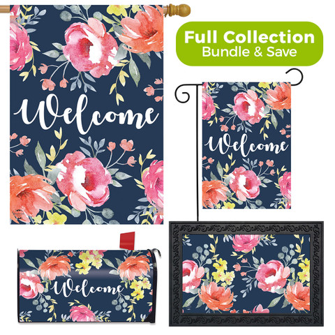 Briarwood Lane Watercolor Floral Spring Design Collection garden flag, house flag, doormat, and mailbox cover.