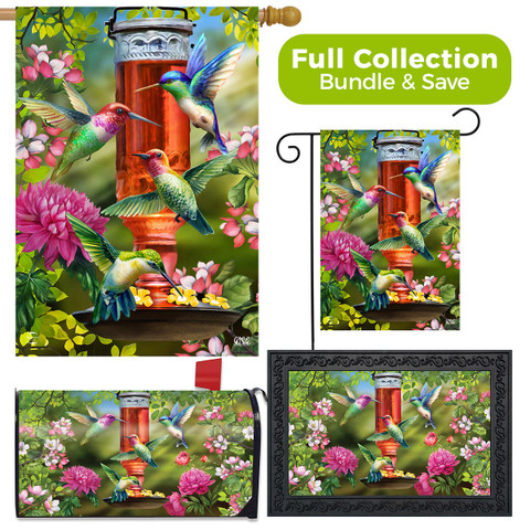 Briarwood Lane Hummingbird Feeder Spring Design Collection garden flag, house flag, doormat, and mailbox cover set.