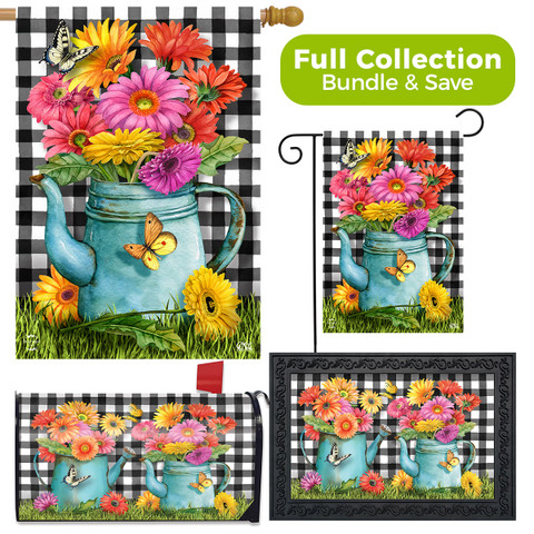 Briarwood Lane Gerber Daisy Watering Can design collection garden flag, mailbox cover, and doormat with flowers.