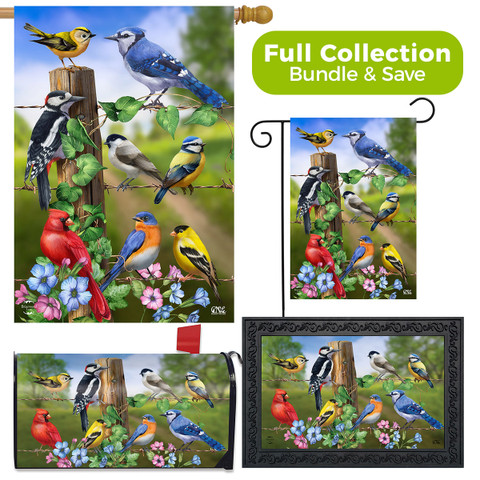 Briarwood Lane Country Birds Spring Design Collection garden flag, house flag, and doormat with sunflowers flowers.